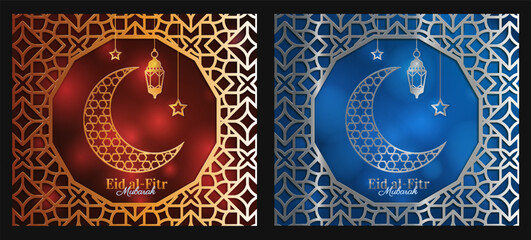 Wall Mural - Eid Mubarak banners set. Red and blue design element for greeting postcard. Minimalistic crescent moon with lamp and star. Ramadan and Ramazan. 3D vector collection isolated on black background