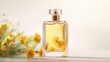 Transparent bottle of perfume with label on white background. concept in natural materials with yellow field flowers. Women's and men's essence generative ai variation 6