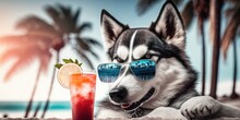 Siberian Husky Dog Is On Summer Vacation At Seaside Resort And Relaxing Rest On Summer Beach Of Hawaii Generative AI