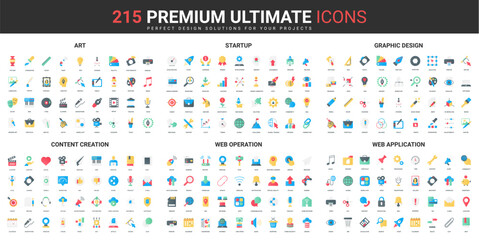 Poster - Art creation and startup, entertainment color flat icons set vector illustration. Abstract symbols and tools of creative designer, services for work and hobby simple design for mobile and web apps