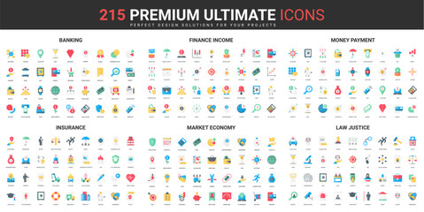 Poster - Finance and market economy color flat icons set vector illustration. Abstract symbols of banking and insurance of financial income and money payment, law justice simple design for mobile and web apps