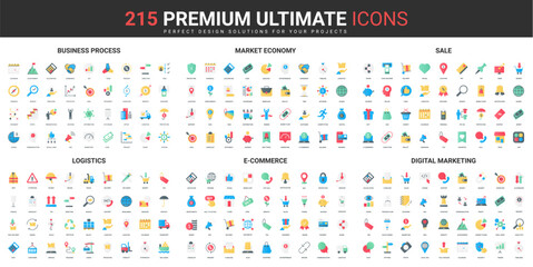 Poster - Business processes for company development color flat icons set vector illustration. Abstract symbols of market economy, digital marketing for sales, logistics simple design for mobile and web apps