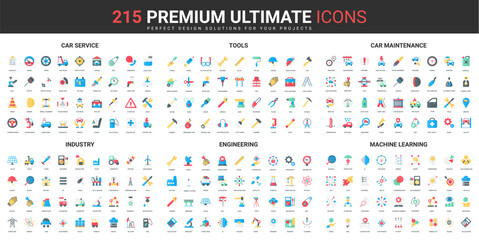 Poster - Industry color flat icons set vector illustration. Abstract symbols of tools and equipment for engineering and car maintenance service, machine learning simple design for mobile and web apps