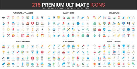 Poster - Smart home furniture and appliances, building repair color flat icons set vector illustration. Abstract symbols of control for comfort house system, real estate simple design for mobile and web apps