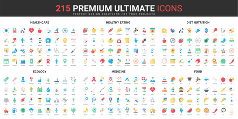 Poster - Food, ecology and medicine color flat icons set vector illustration. Abstract symbols of medical diagnostic and healthcare, health menu, environmental resources simple design for mobile and web apps