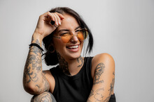 Portrat Of A Gen Z Tattoo Girl Laughing