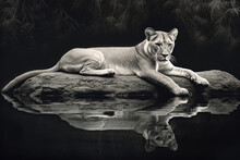 Lioness Sitting In Front Of Water