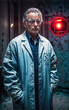 © Flash - crazy researcher scientist in dirty white lab coat at dirty messy laboratory room, generative AI