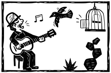 Wall Mural - Singer playing viola and bird escaping from the cage. Separate vector art in woodcut and string literature style.