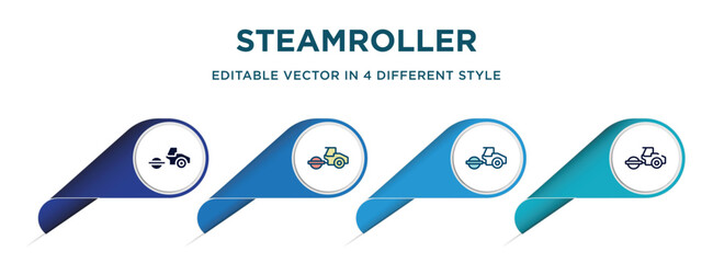 steamroller icon in 4 different styles such as filled, color, glyph, colorful, lineal color. set of vector for web, mobile, ui