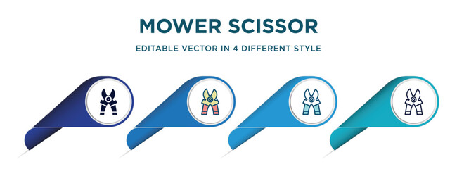 mower scissor icon in 4 different styles such as filled, color, glyph, colorful, lineal color. set of vector for web, mobile, ui