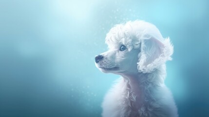 Sticker - Cute poodle looking lateral with copy space for advertisement. Space background for banner text. Generative AI