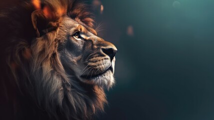 Wall Mural - Head of aggressive lion looking lateral with copy space for advertisement. Space background for banner text. Generative AI