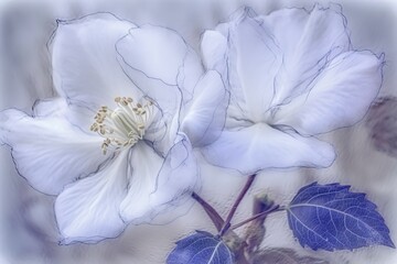 Canvas Print - two white flowers with blue leaves in close-up view Generative AI