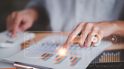 Aufkleber - A man read and calculate business statistical chart reports to analyze and improve corporate strategy ,Manage financial and marketing documents, Company growth information ,Managing Business Insights