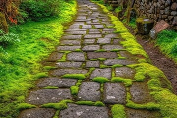 Canvas Print - peaceful stone path covered in lush green moss Generative AI