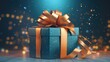 Gift box on blue background with glitter lights blurred bokeh. Christmas and New Year surprise gift box.