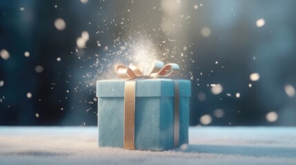 Gift box on blue background with glitter lights blurred bokeh. Christmas and New Year surprise gift box. generative ai