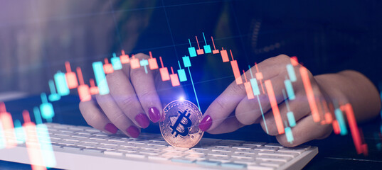 Wall Mural - new concept of virtual money. Golden bitcoins with Candle stick graphic chart and digital background.