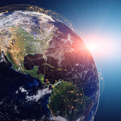 Wall Mural - Globalization and communication concept. Earth and luminous rays. 3d rendering