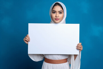 Wall Mural - A woman holding a blank whiteboard in front of a blue background, Generative AI