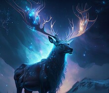 Deer With Beautiful Horns With Aurora Light At Artic Circle With Majestic Night Sky.