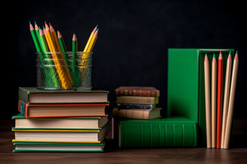 Wall Mural - Stack of books and pencils on the school table in front of a green blackboard, Generative AI
