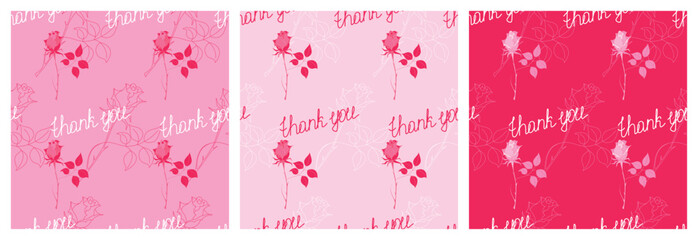 Thank you seamless pattern with rose flower and lettering. Each pattern is isolated. Beautiful print for Thank you card, Thanksgiving day, wrapping paper, background or other using. Vector set.