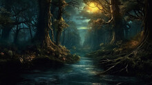 Dark Night Forest, Fantasy, Moon Light, Magic Light,Generative AI