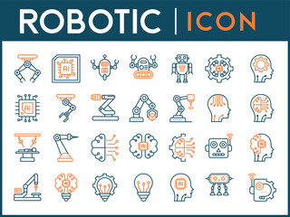 Wall Mural - Industrial robot, icon set. Mechanical hydraulic robotic arm for manufacturing, linear icons.