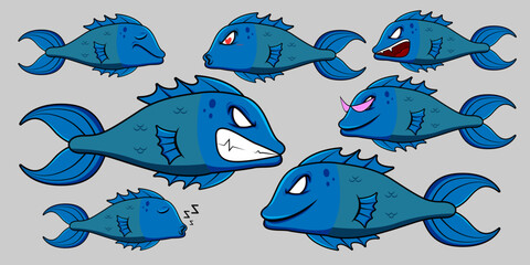 Wall Mural - Vector monster fish character Set contains monster fish in various pose and emotion for graphic designer