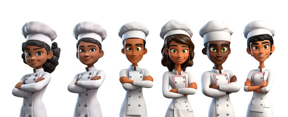 Wall Mural - set of 3d character cute happy young chef standing couple posing with arms crossed smile, isolated o