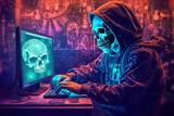 Fototapeta Londyn - cyber criminal computer hacking skull motifs style Generative Ai
