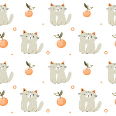 Seamless Pattern with Cartoon Cat and Orange Design on White Background