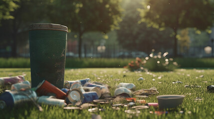 Garbage on green grass in the park. Generative Ai