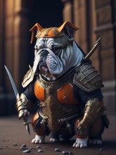 Illustration Of A Canine Sculpture Wearing Medieval Armor Created With Generative AI Technology