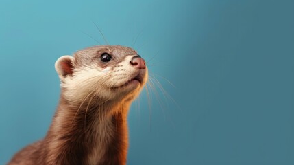 Wall Mural - Head of furry Ferret looking lateral with copy space for advertisement. Space background for banner text. Generative AI