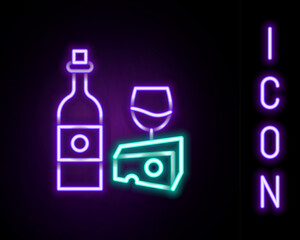 Canvas Print - Glowing neon line Wine bottle with glass and cheese icon isolated on black background. Romantic dinner. Colorful outline concept. Vector