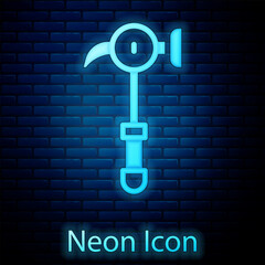 Canvas Print - Glowing neon Hammer icon isolated on brick wall background. Tool for repair. Vector