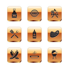 Wall Mural - Set Ketchup bottle, Crossed hot chili pepper pod, Hotdog sandwich, fork spatula, Barbecue grill and icon. Vector