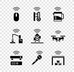 Wall Mural - Set Wireless mouse, Smart thermometer, electric kettle, TV box receiver, microphone, warehouse, Robotic robot arm hand factory and antenna icon. Vector