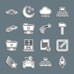 Sticker - Set line Rocket ship with fire, Open in new window, Hammer, Network cloud connection, FTP cancel operation, UFO flying spaceship and alien, and Falling star icon. Vector