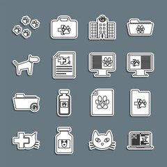 Poster - Set line Clinical record dog on laptop, pet, monitor, Veterinary medicine hospital, Medical certificate for cat, Dog, Paw print and icon. Vector