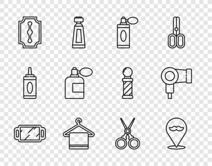 Canvas Print - Set line Hand mirror, Barbershop, Aftershave bottle with atomizer, Towel on hanger, Blade razor, Scissors hairdresser and Hair dryer icon. Vector