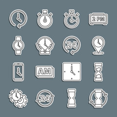 Sticker - Set line Old hourglass, Location with clock, Stopwatch, Clock, Wrist, and 24 hours icon. Vector