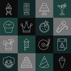 Poster - Set line Ice cream in waffle cone, Calendar party, Microphone, Cake, Crown, Muffin, Barbecue grill and Homemade pie icon. Vector