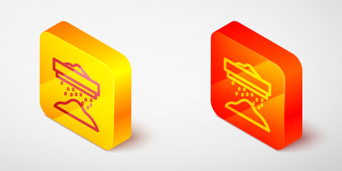 Sticker - Isometric line Sifting flour, cereals or powdered sugar through sieve icon isolated on grey background. Yellow and orange square button. Vector