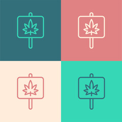 Sticker - Pop art line Medical marijuana or cannabis leaf icon isolated on color background. Hemp symbol. Vector