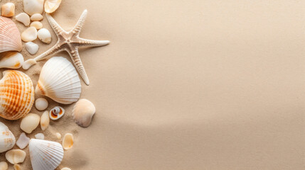 Arial view of a sandy beach with shells on the left. Flat top summer concept background with lots of negative space for copy space.