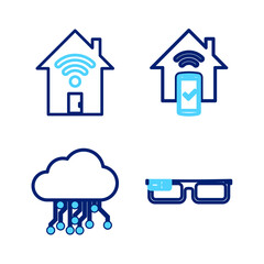 Poster - Set line Smart glasses, Internet of things, home remote control system and with wi-fi icon. Vector